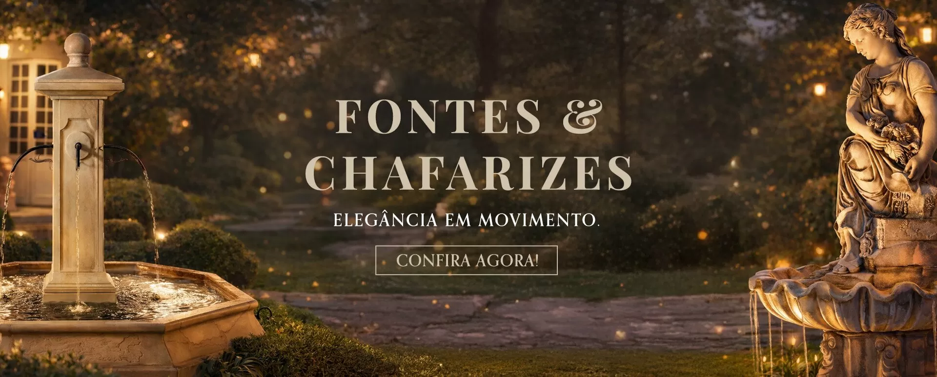 Chafariz de mármore esculpido e figuras clássicas em jardim iluminado do acervo Quinta Dell'Arte